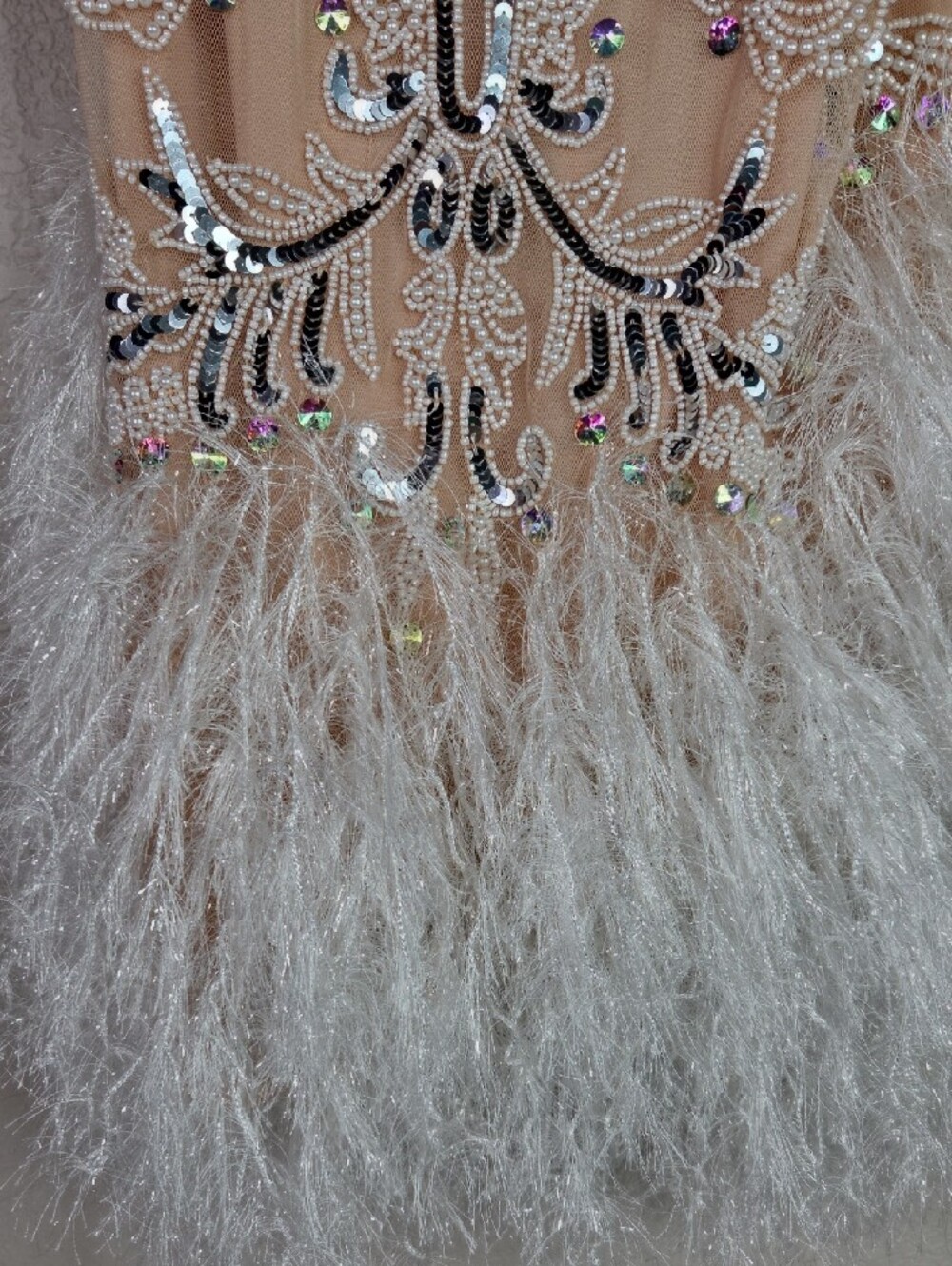 Beaded Feather Hem Nude Cocktail Dress - Picture 5 of 7